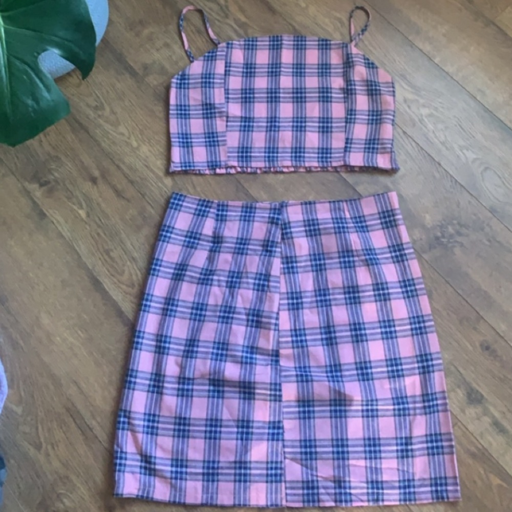 Pink blue plaid two piece set-Cropped tank & skirt